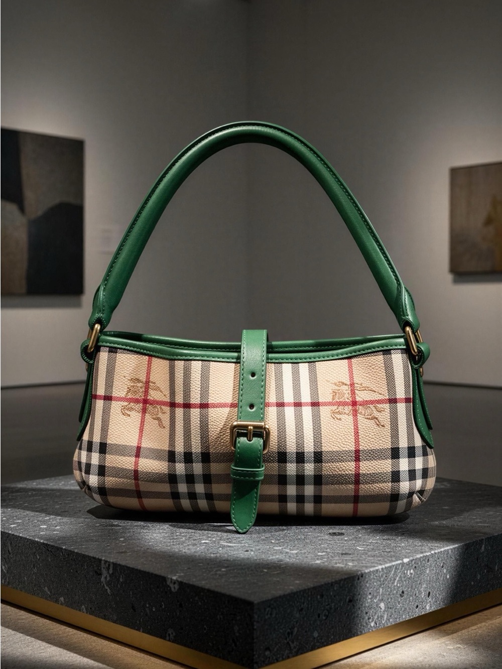 Burberry Green-Trim Plaid Shoulder or Hand Bag